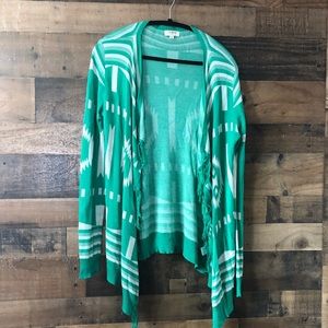 Umgee Green & White Aztec Print Open Cardigan